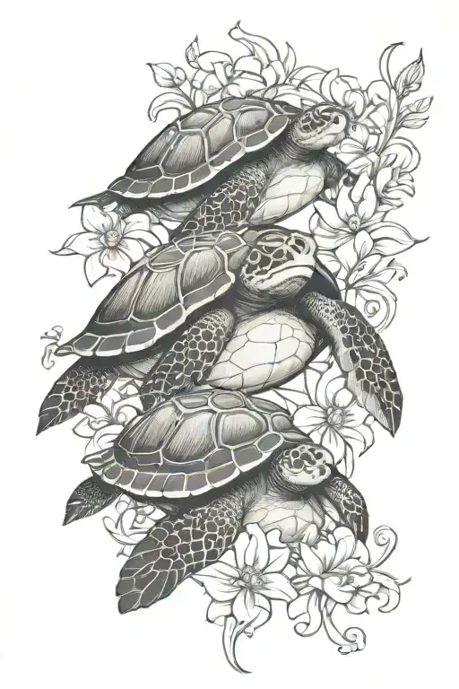 Turtle Holding Penguin With Flowers Intertwined Hearts
