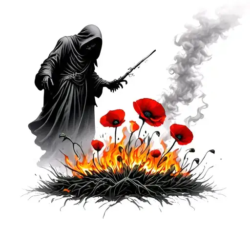 Opiumn Poppy In A Burning Field With Grim Reaper Looking Down From Above In Smoke