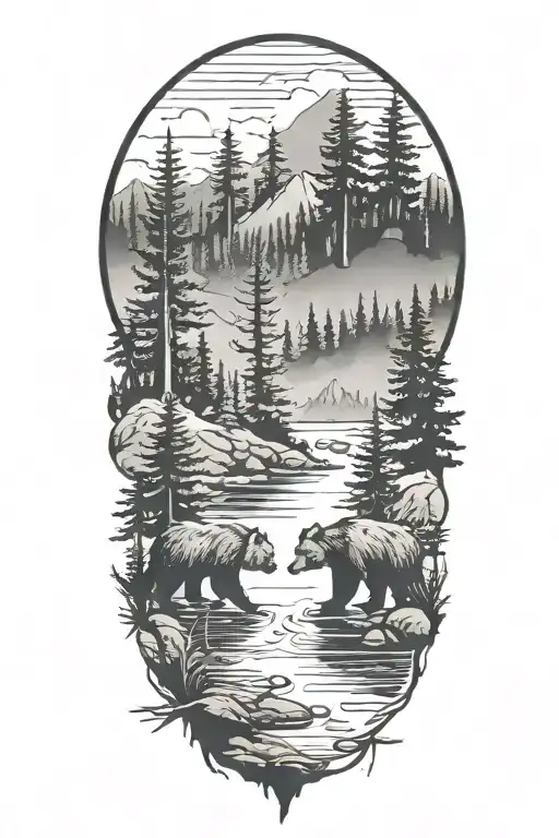 Small River Fir Trees Bear In Middle Fog