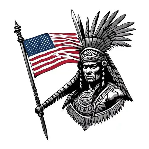 Aztec Warrior With Mexican Flag And United States Flag