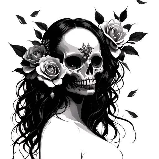 Gothic Girl Beautiful Woman Skull Rose Cherry Blossom Petals