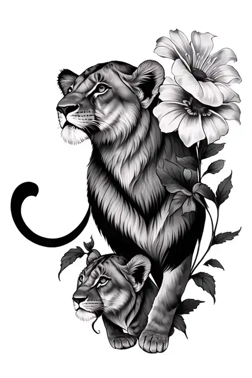Lioness Two Lion Cubs Flower