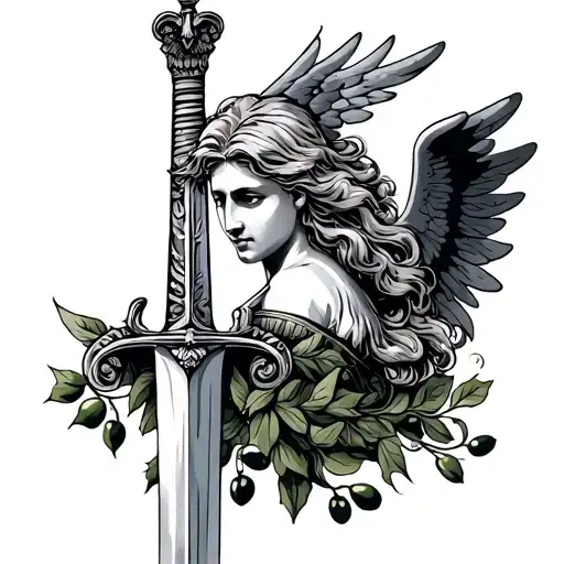Italian Olive Leaves Angel Greek Columns With Sword And Long Curly Hair
