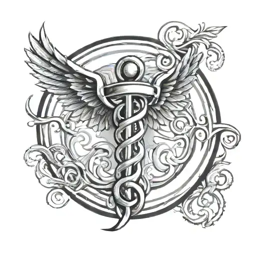 Caduceus Symbol With Triskelion In A Circle