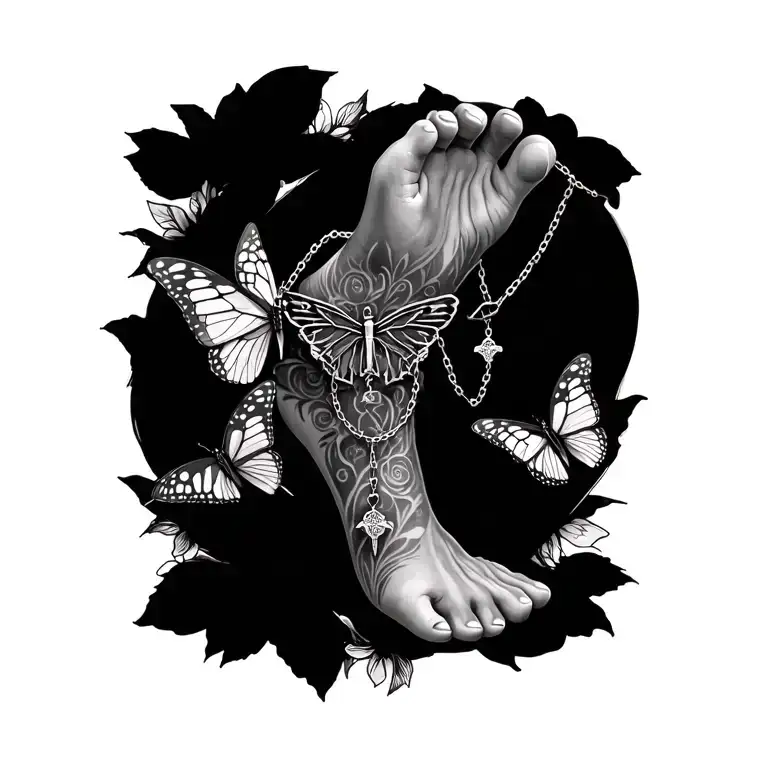 Foot Tattoo Rosary And Butterflies