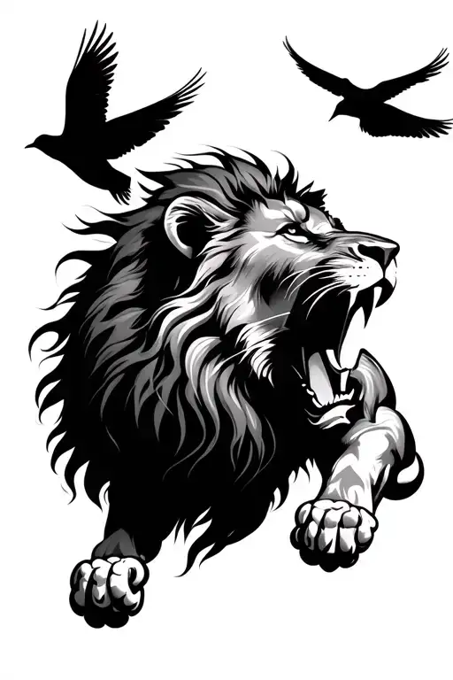 Lion Roaring And Birds Flying Away
