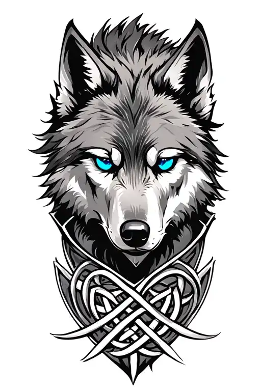 Wolf With Blue Eyes On Armor Tattoo Design Featuring Celtic Trinity Knot
