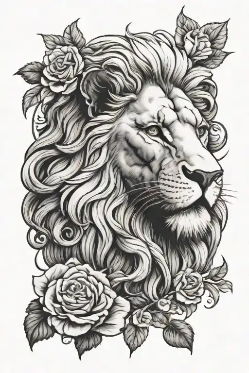 Lion Head With Roses And Greek God