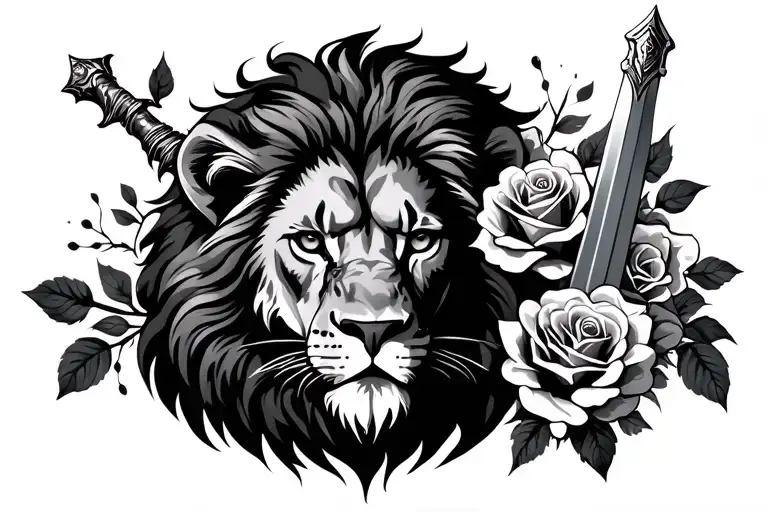 Lion Face With Roses And A Sword