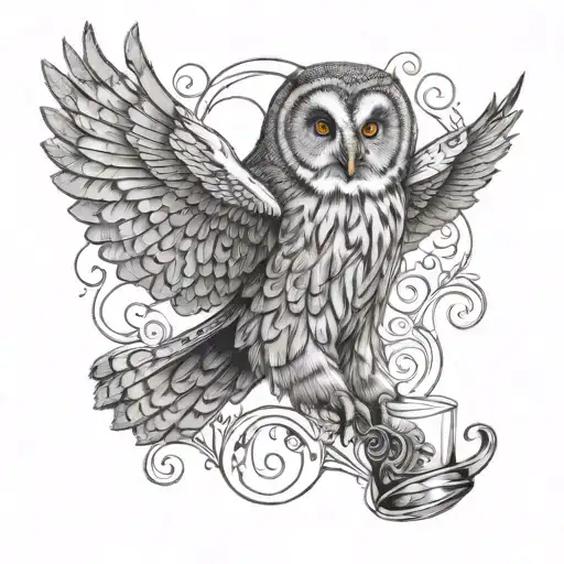 A Great Grey Owl Flying With A Glass Of Wine In Talon