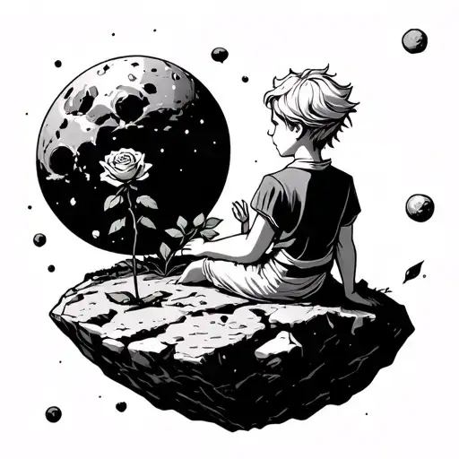 The Little Prince Is Sitting On An Asteroid With His Rose With His Back To Us