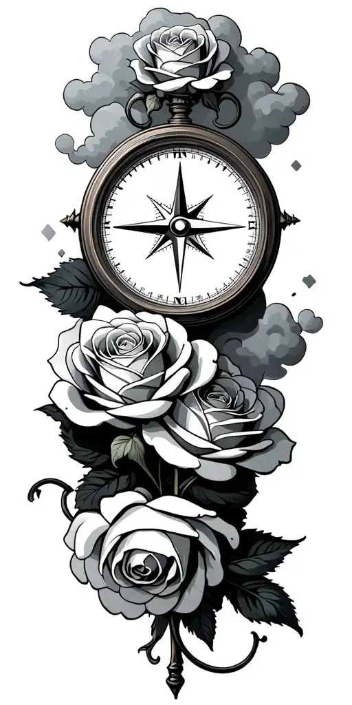 Compass With Clouds And Two Roses Wrapped