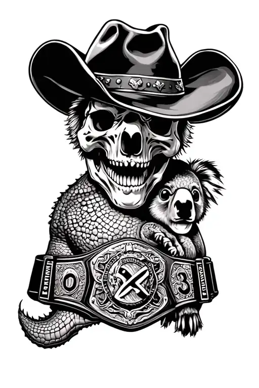 Sleeve Featuring Crocodile Skull & Championship Belt & Koala & A Cowboy Hat