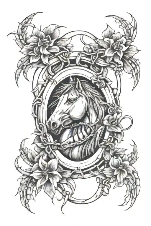 Horse Shoe Surrounded By Barbed Wire And Flowers Intertwined