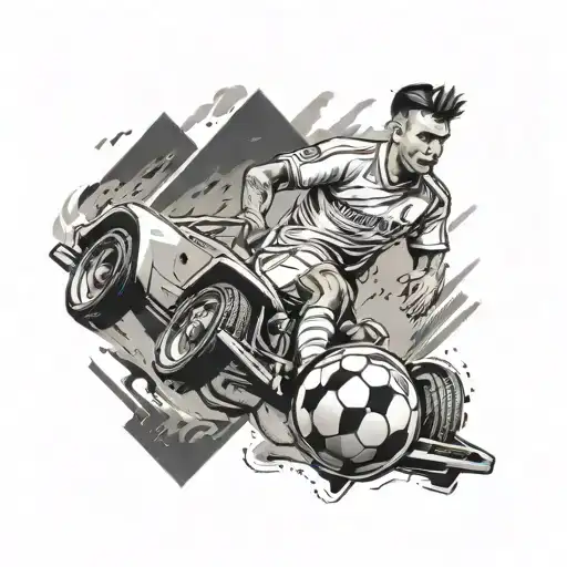 Illustrative Tattoo Of A Soccer Player Driving A Car On The Field