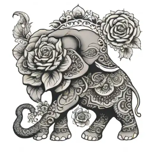 Elephant Mandala Roses Feather Lace