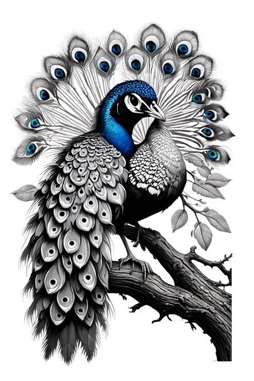 Full Peacock Sitting On Tree Looking