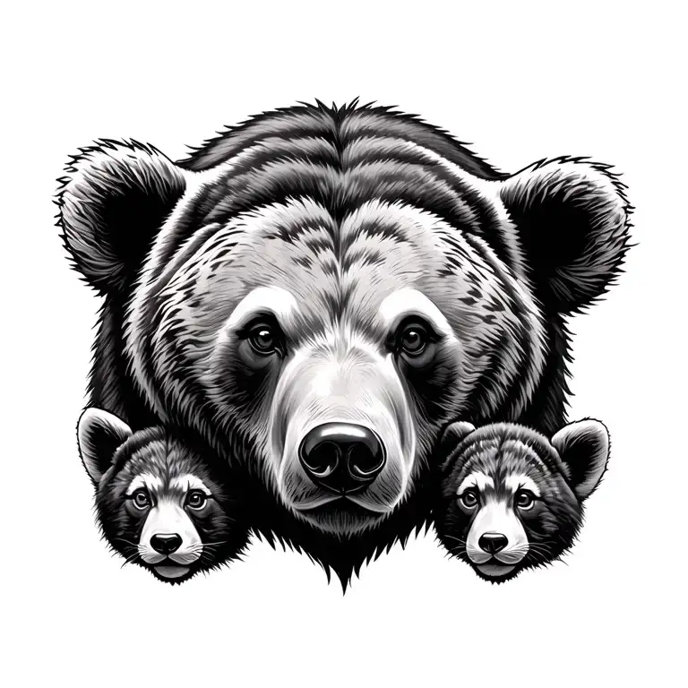 Bear Head Surrounded With 2 Cubs Face Only
