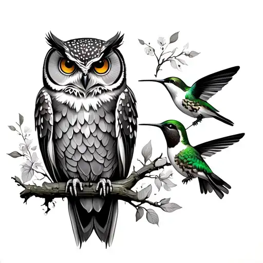 Owl And Hummingbirds Perched Atop