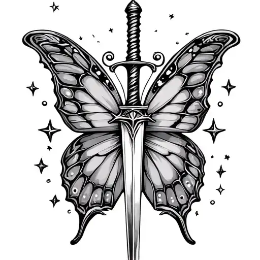 Fairy Tale Butterfly With Sword In The Middle With Stars Surrounding It