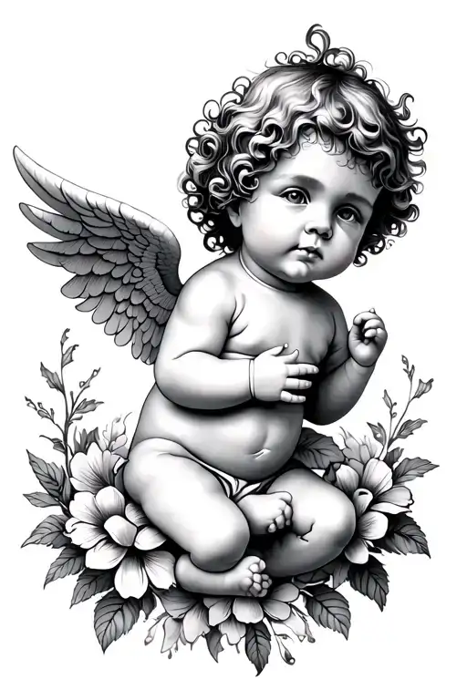 Baby Cupid With Flowers Growing