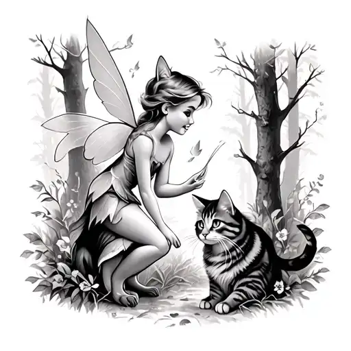 A Magical Scene Of Tinkerbell Playing With A Maincoon Cat In A Forest