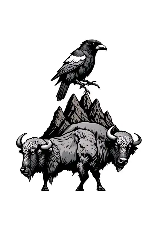 Mountain Scene With Buffalo And Ravens