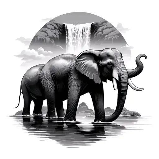 5 Elephants With A Waterfall In The Background