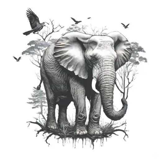 Elephant In Forest With Birds
