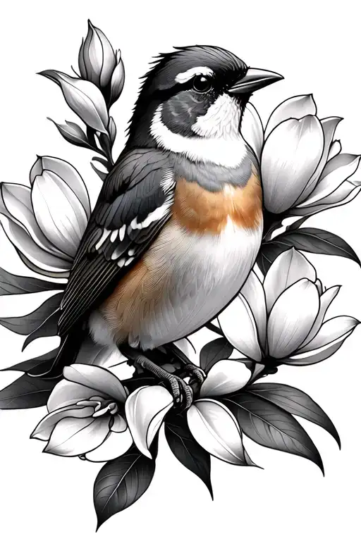 Finch Bird With Magnolia Flower Blooming