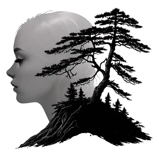 Cedar Tree And Redwood With Female Sillouette