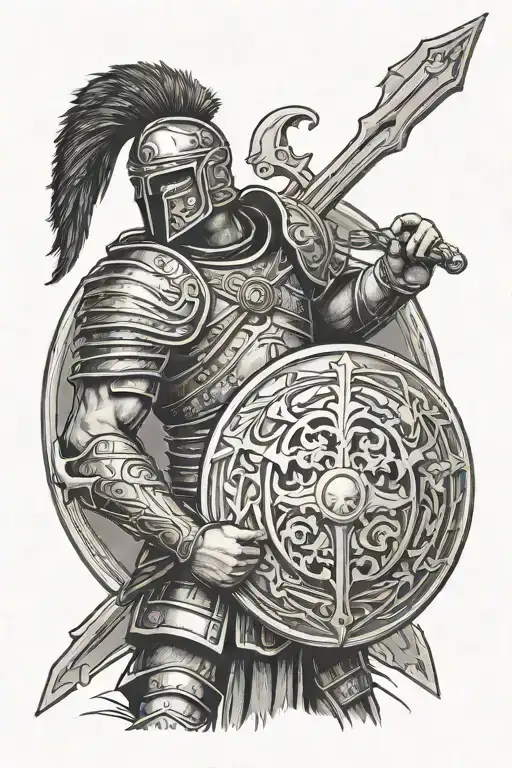 Roman Soldier Holding A Crusaders Shield And Sword