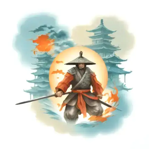 Samurai War Scene With Pagoda