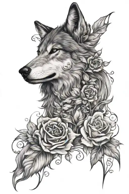 Wolf Blended By Roses Mayflowers