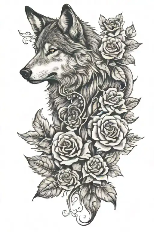 Wolf Blended By Roses Mayflowers