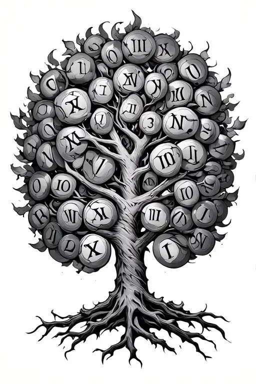 A Tattoo Of A Tree Made Out Of Roman Numerals Intertwined