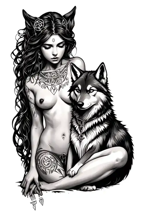 Naked Woman With Wolf Cub And Runes