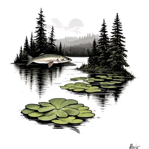 Pine Trees With Northern Pike And Lily Pad Marsh And River
