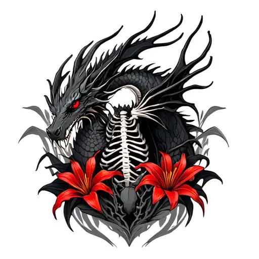 Black Dragon Skeleton With Red Spider Lilys Surrounding