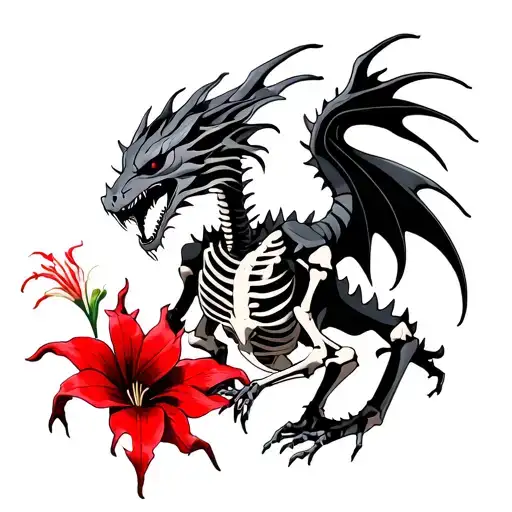 Black Dragon Skeleton With Red Spider Lilys