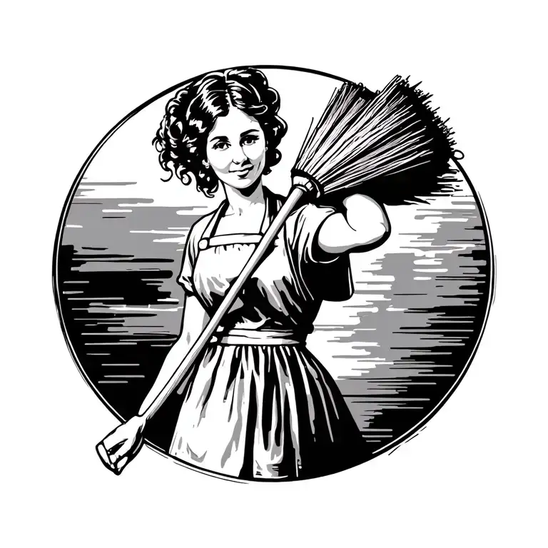 Simple Woman With Apron A Broom Soft Traces Simple Background To Highlight The Figure