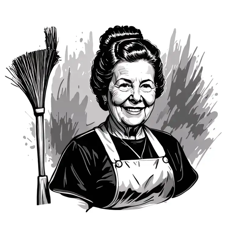 Woman Looking 70 Years With Simple Bun Pressure With Apron And A Broom Down Smile On Her Face