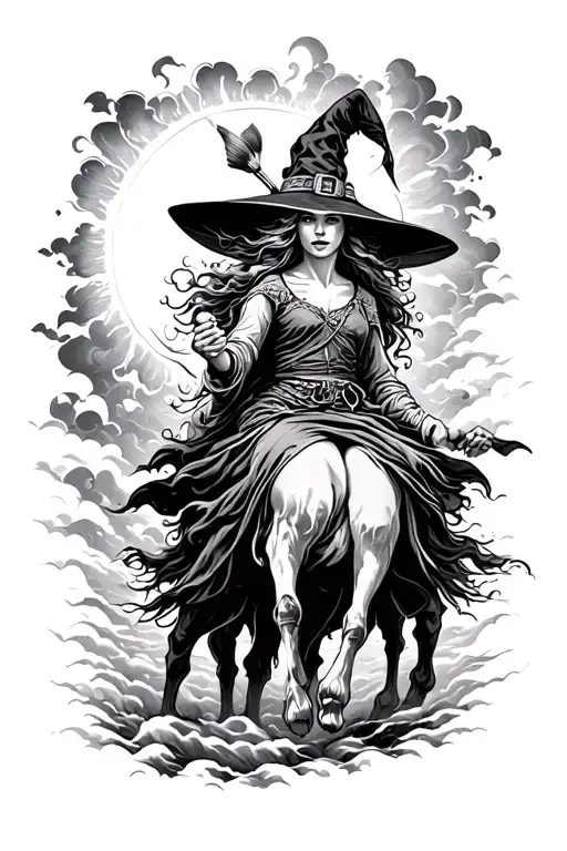 Friendly Witch Riding Paintbrush Through Storm Bringing The Sun