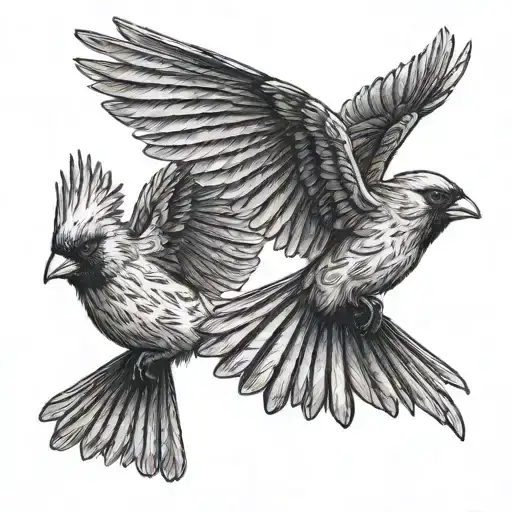 Two Cardinal Birds Flying Towards Eachother With Their Wings Spread And Flapping