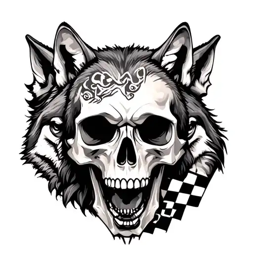 Skull With Wolves And Checkers