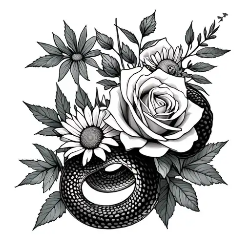 Snake Roses Daisies And Weed Leaves Intertwined