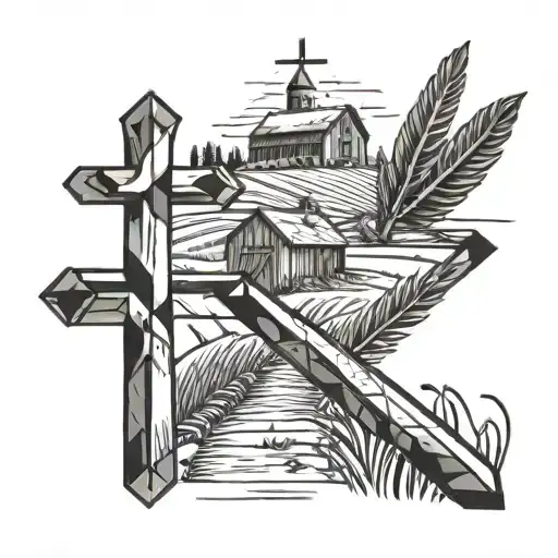 A Farm Scene With A Cross Made Out Of Arrows In The Background