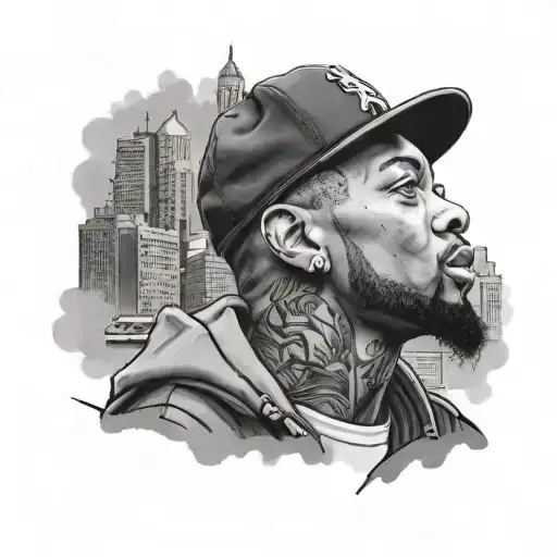 Design A Black And Grey Portrait Of A Famous Rapper With A Liverpool Skyline Background