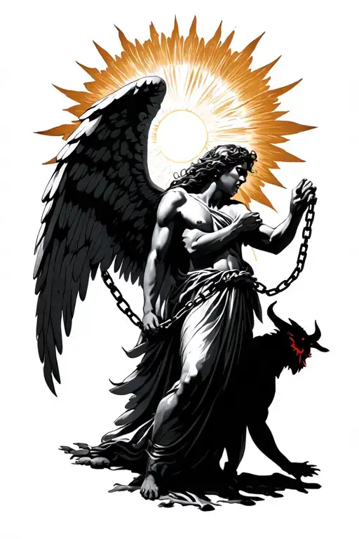 An Angel Chained With The Chains Held By A Devil Who Tries To Fly To The Sun