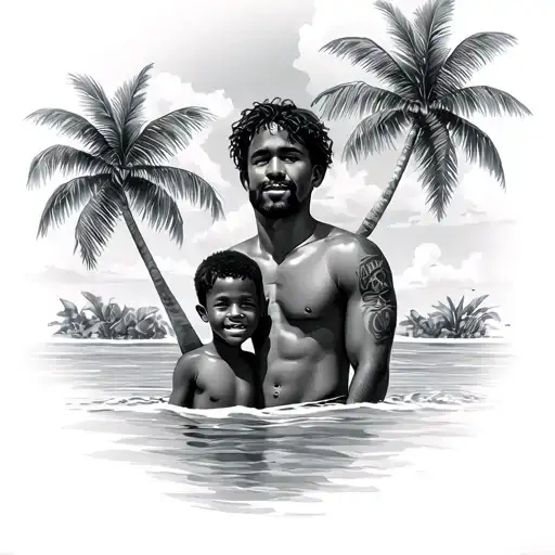 Father And Son On Carribean Island With Palm Trees